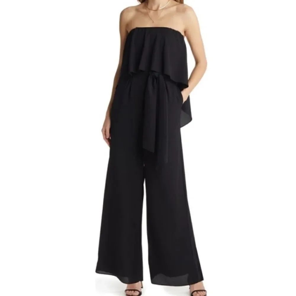 Vici Strapless Popover Layer Tie Wide Leg Jumpsuit Black in Medium NEW